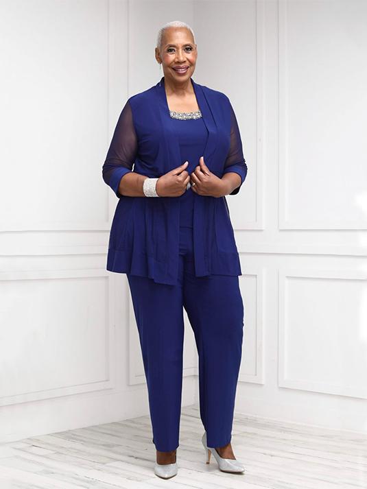 Buy Women Plus-Size Three-Piece Beaded Neck Duster Pant Set