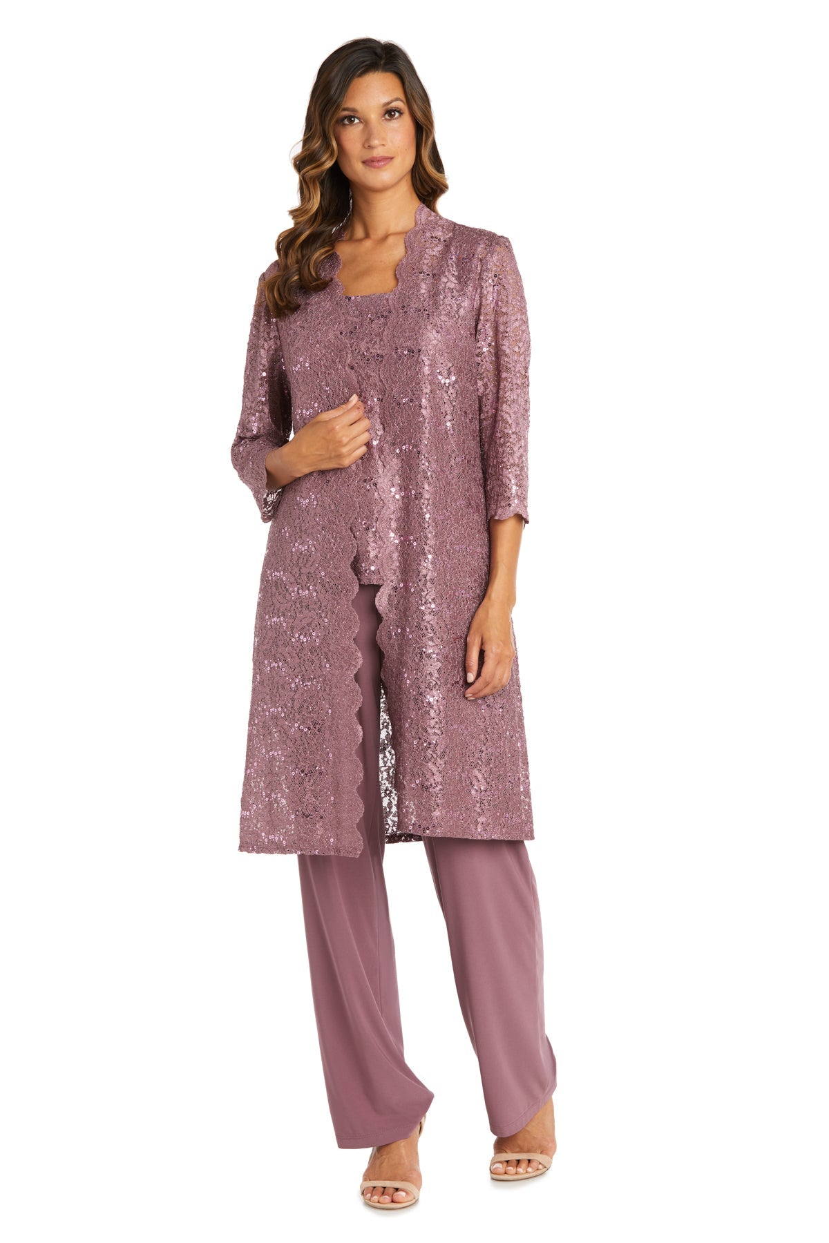 Women's 3 Piece Scalloped Sequin Lace Pant Suit - Mother of the bride pantsuit