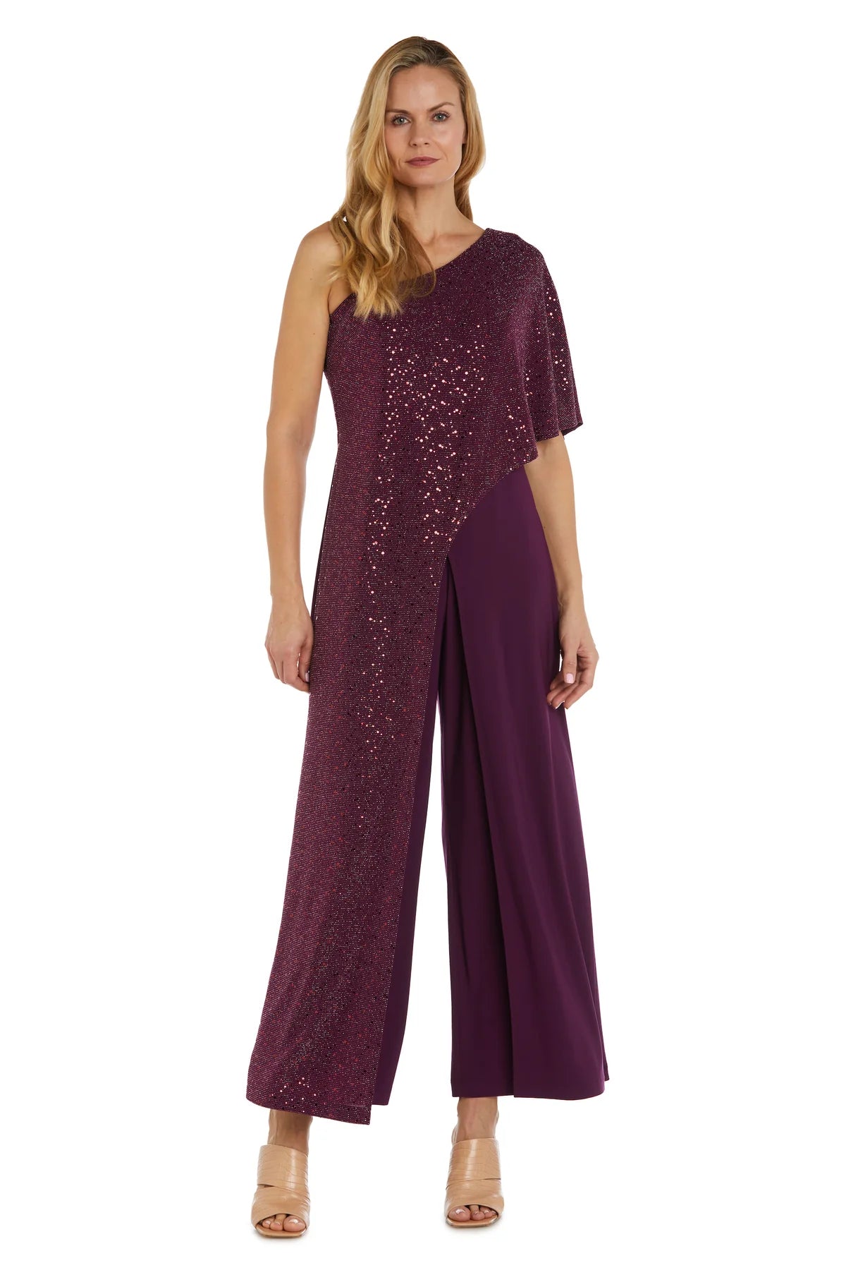 Women's Sequin Overlay Draped Shoulder Formal Jumpsuit - Mother of the Bride Jumpsuit