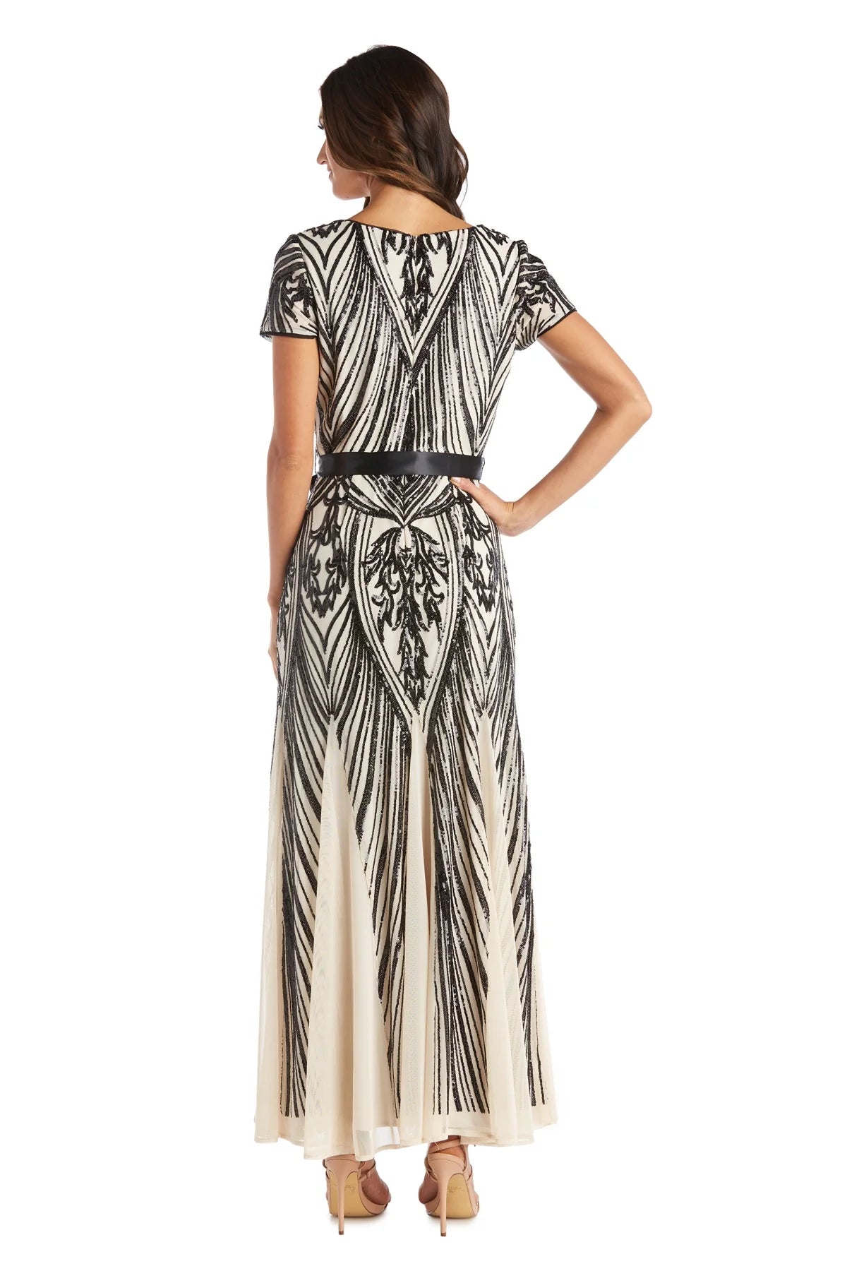 Women's Short Sleeve Sequin Panel Godet Evening Gown