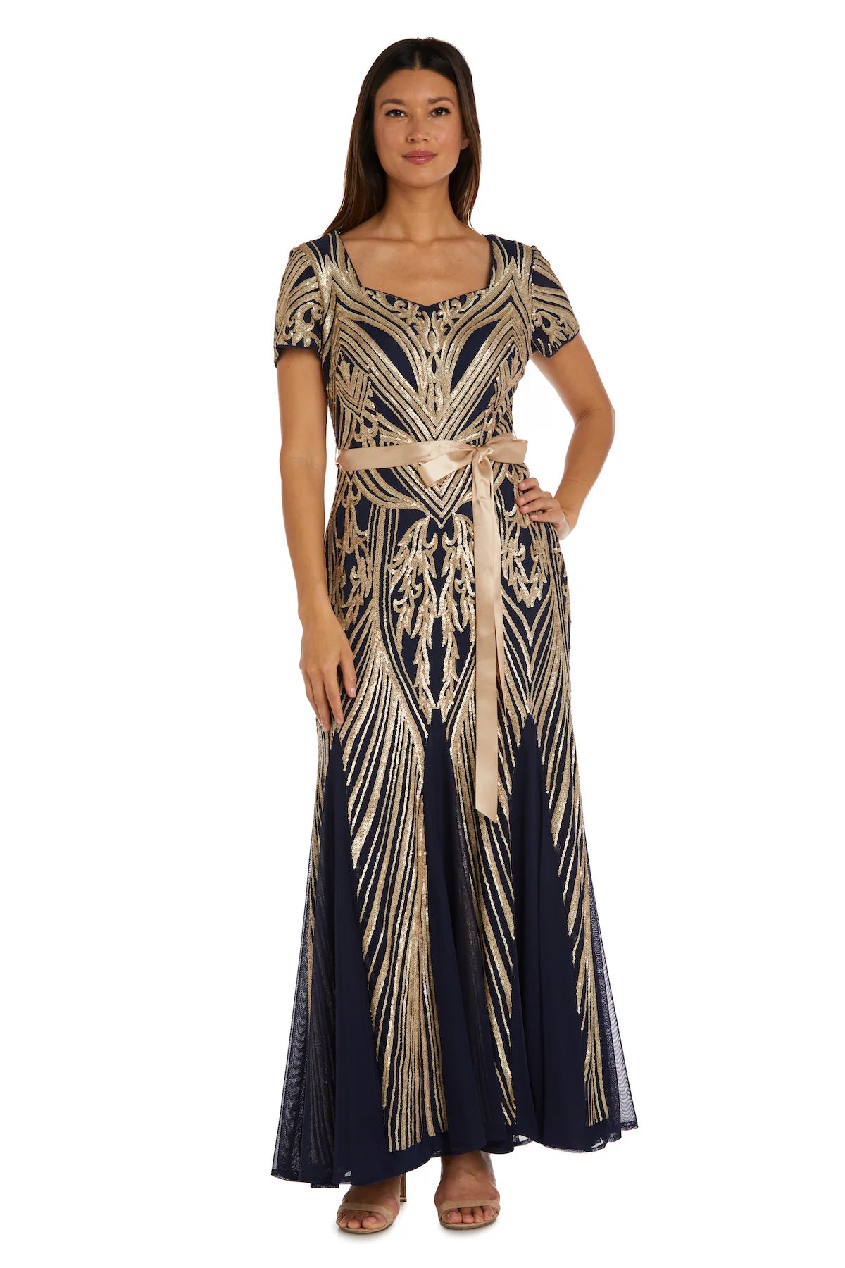Women's Short Sleeve Sequin Panel Godet Evening Gown