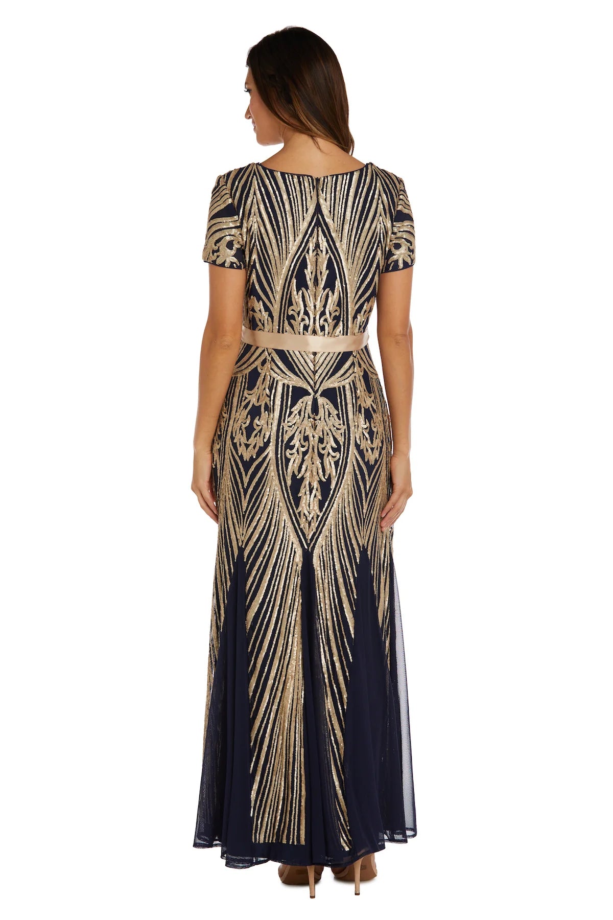 Women's Short Sleeve Sequin Panel Godet Evening Gown