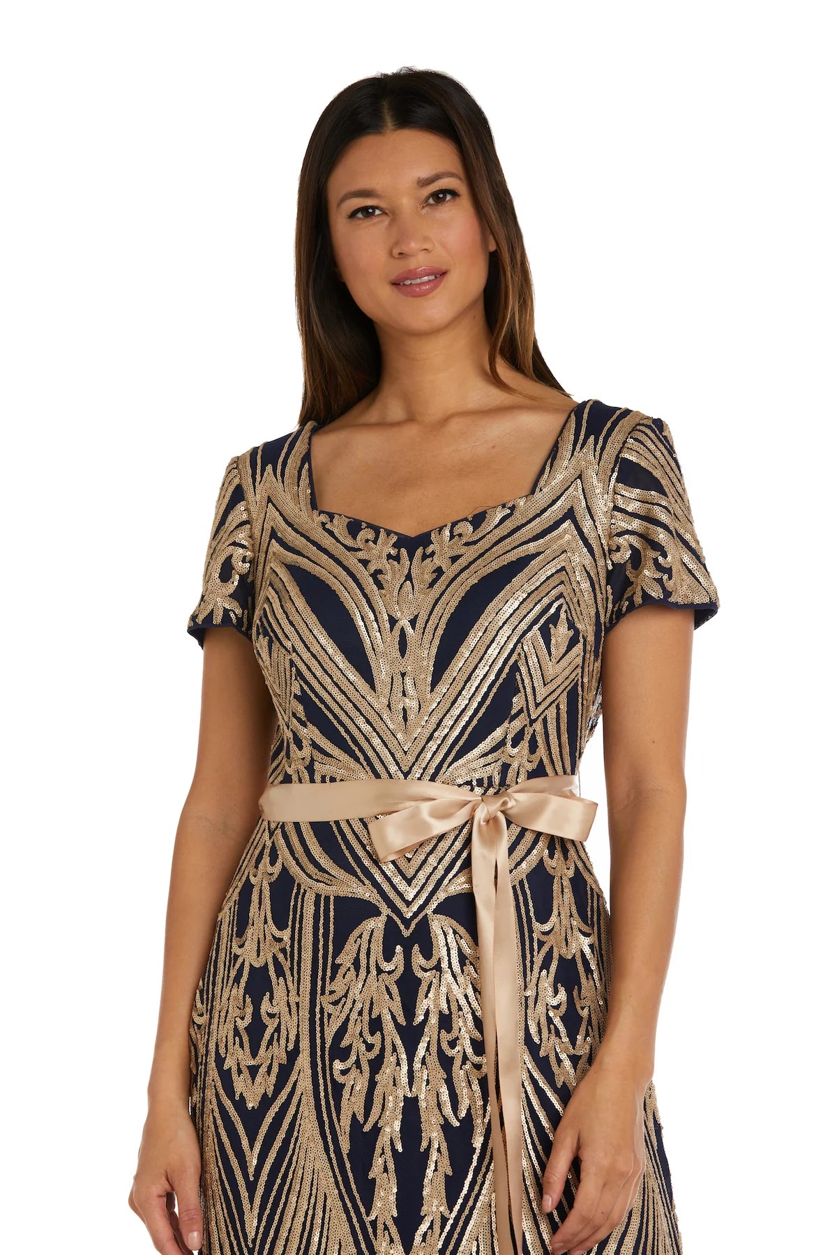 Women's Short Sleeve Sequin Panel Godet Evening Gown