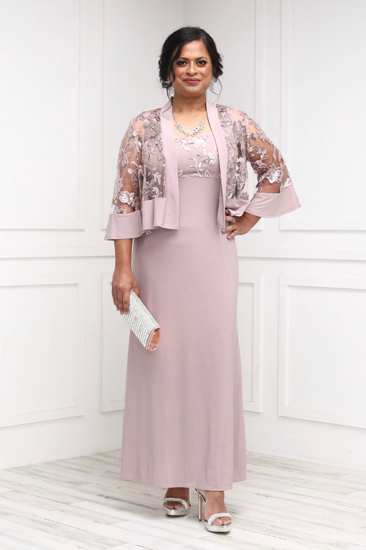Petite Women's 2 Piece Sequin Lace Jacket Long Dress – SleekTrends