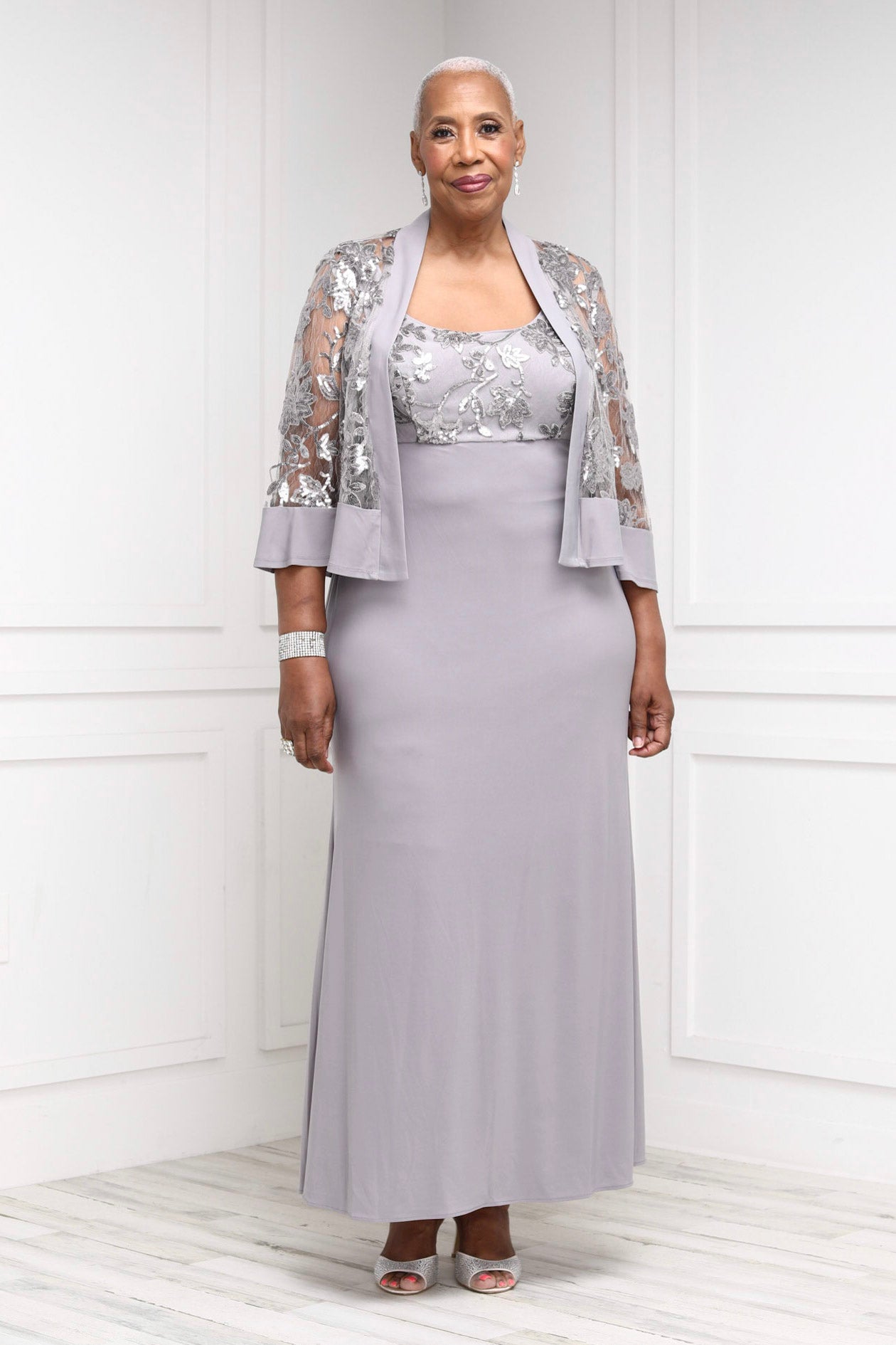 R&M Richards Plus Size Women 2 Piece Sequin Lace Jacket Long Dress