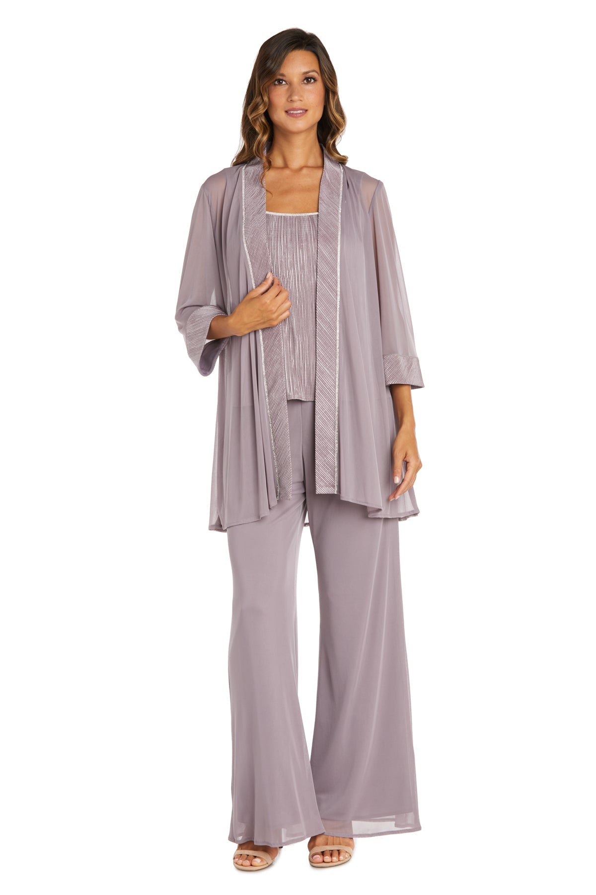 Women's Petite Three-Piece Paneled Sheer Jacket Pant Suit