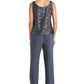 Petite Women's 3 PCE Laced Duster Jacket Shell and Solid Pantsuit