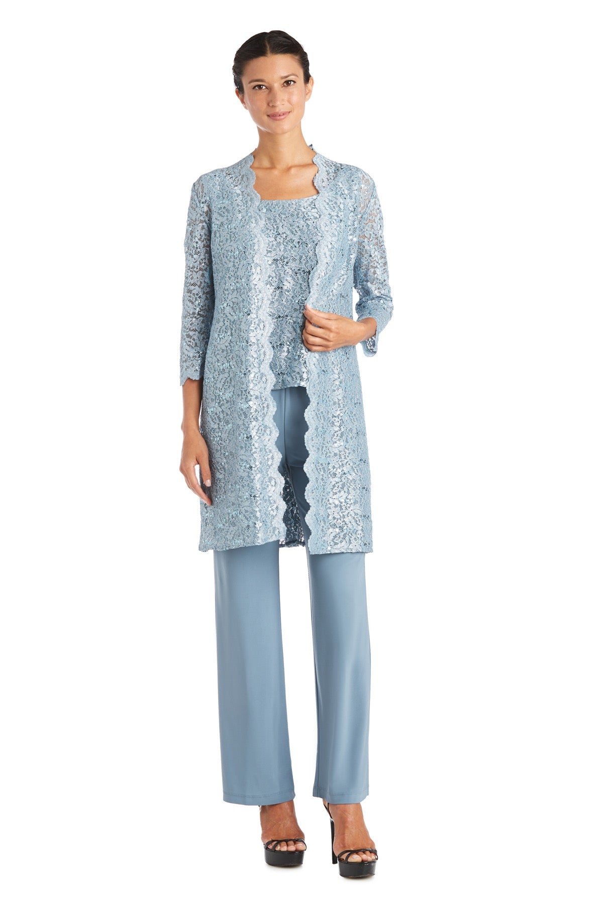Women's 3 Piece Scalloped Sequin Lace Pant Suit - Mother of the bride pantsuit