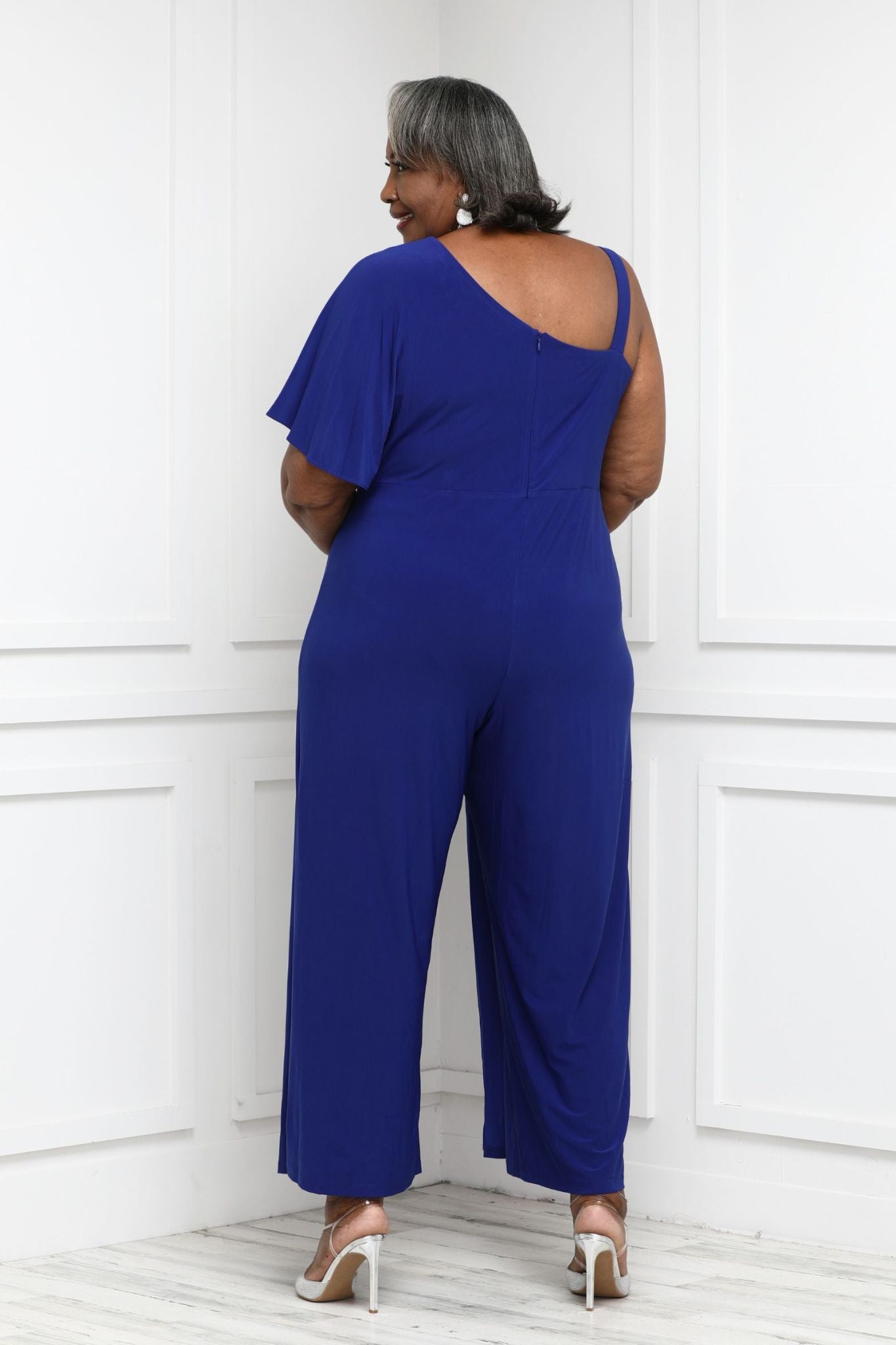 Plus Size Flared Jumpsuit- Single Shoulder, Overlay & Draped