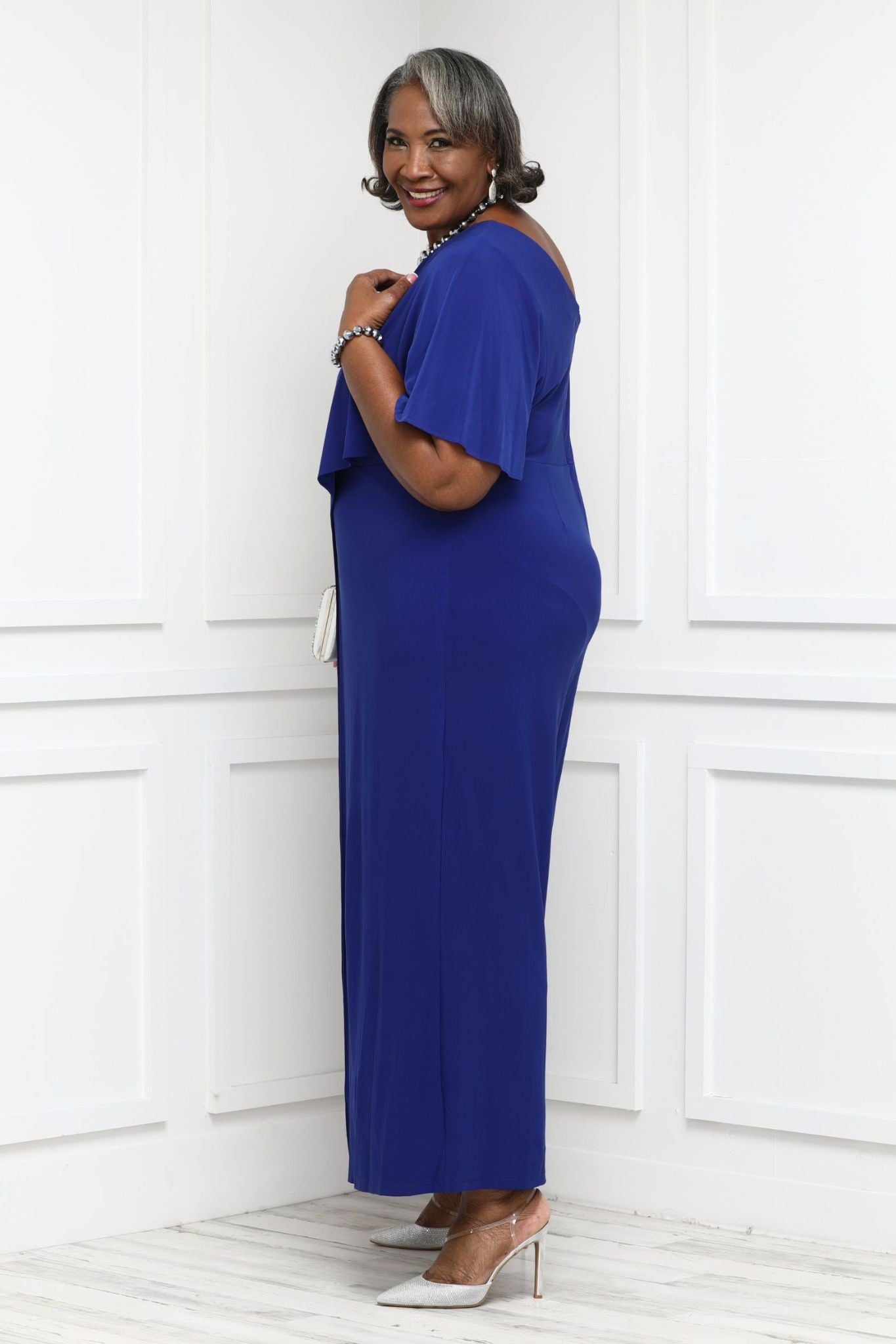 Plus Size Flared Jumpsuit with Single Shoulder, Overlay, and Draped Sleeves