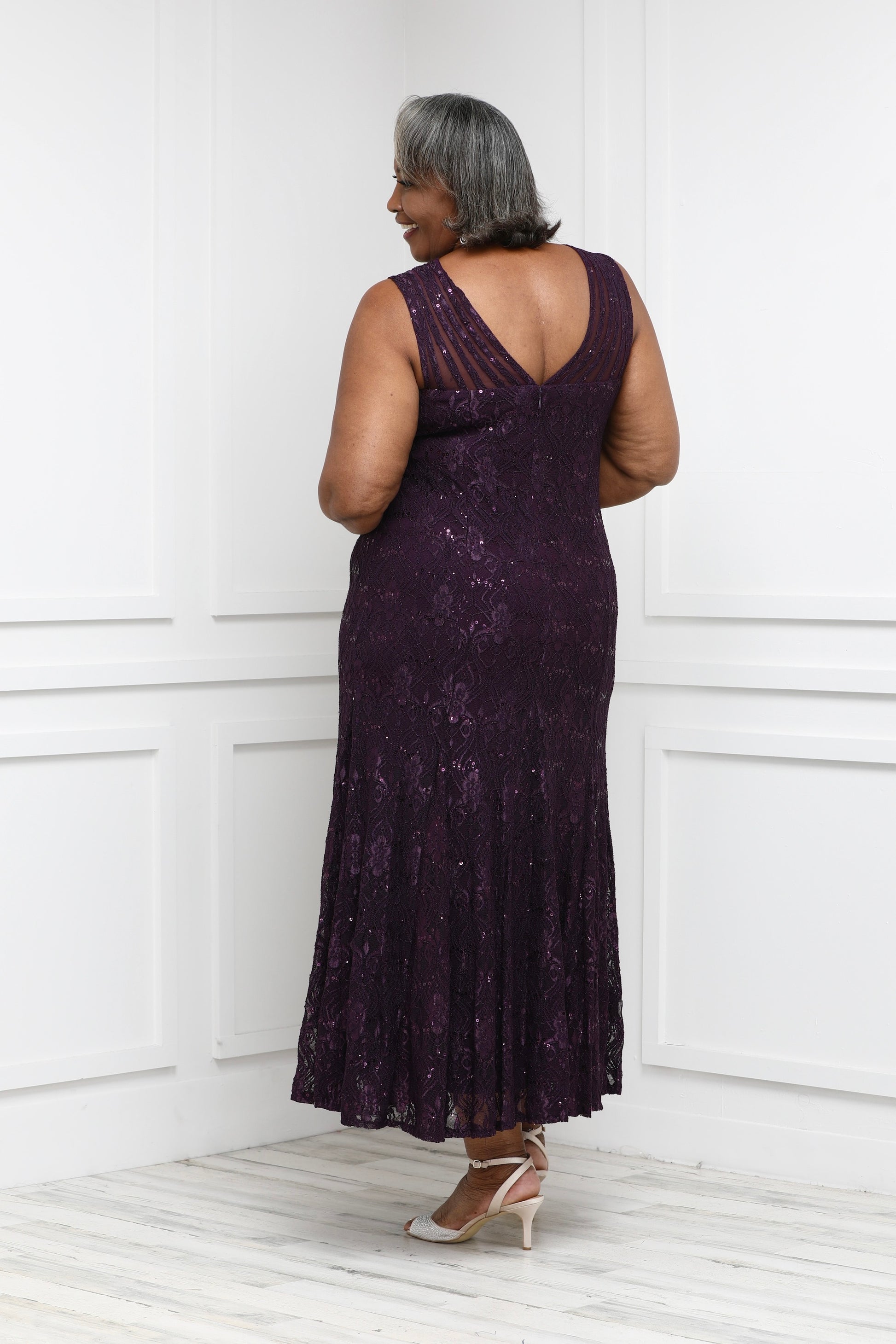 Shop R&M Richards Petite Sequined Lace Gown with Sheer Inserts – SleekTrends