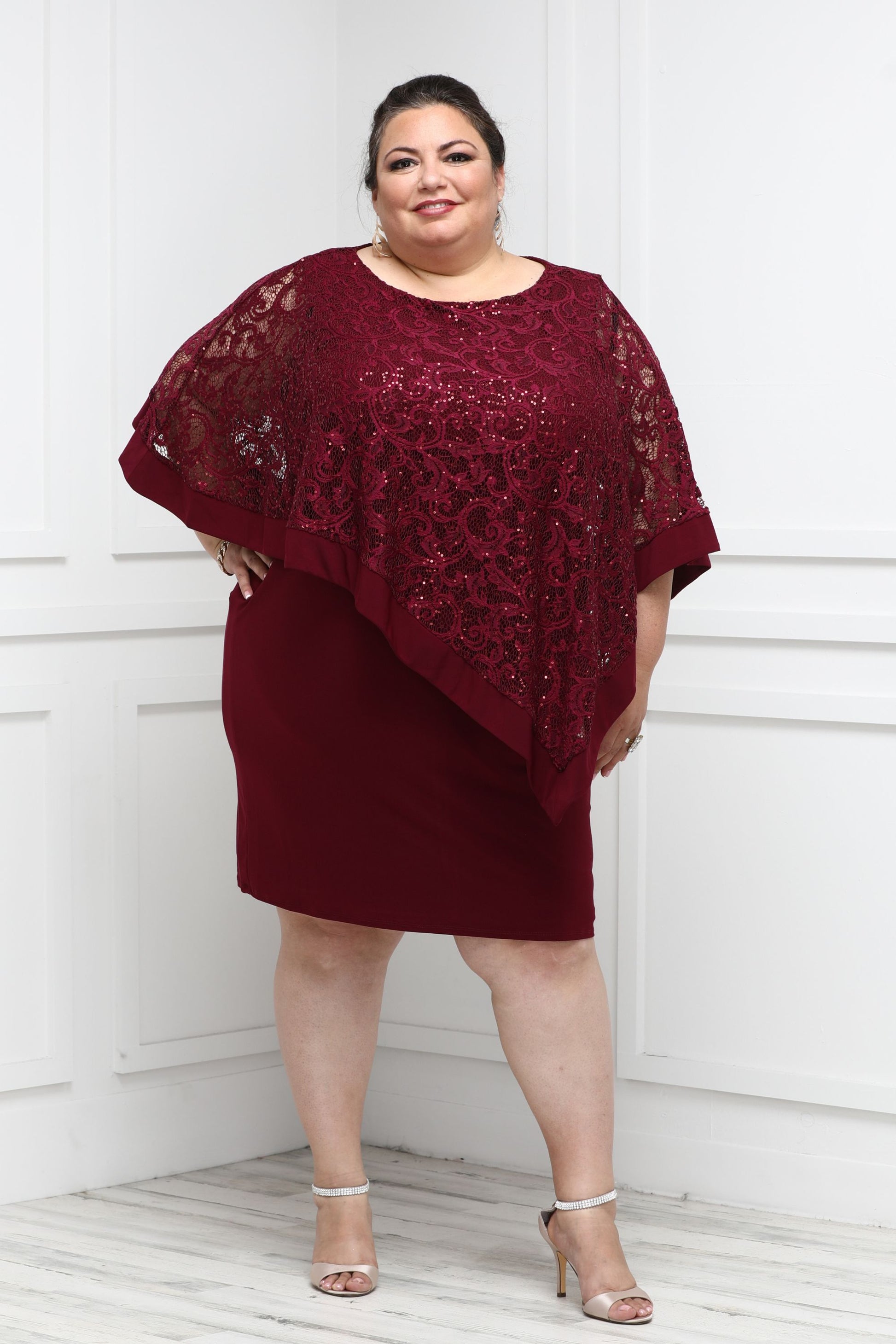 R&M Richards Women's Plus Size Sequin Lace Poncho Party Dress