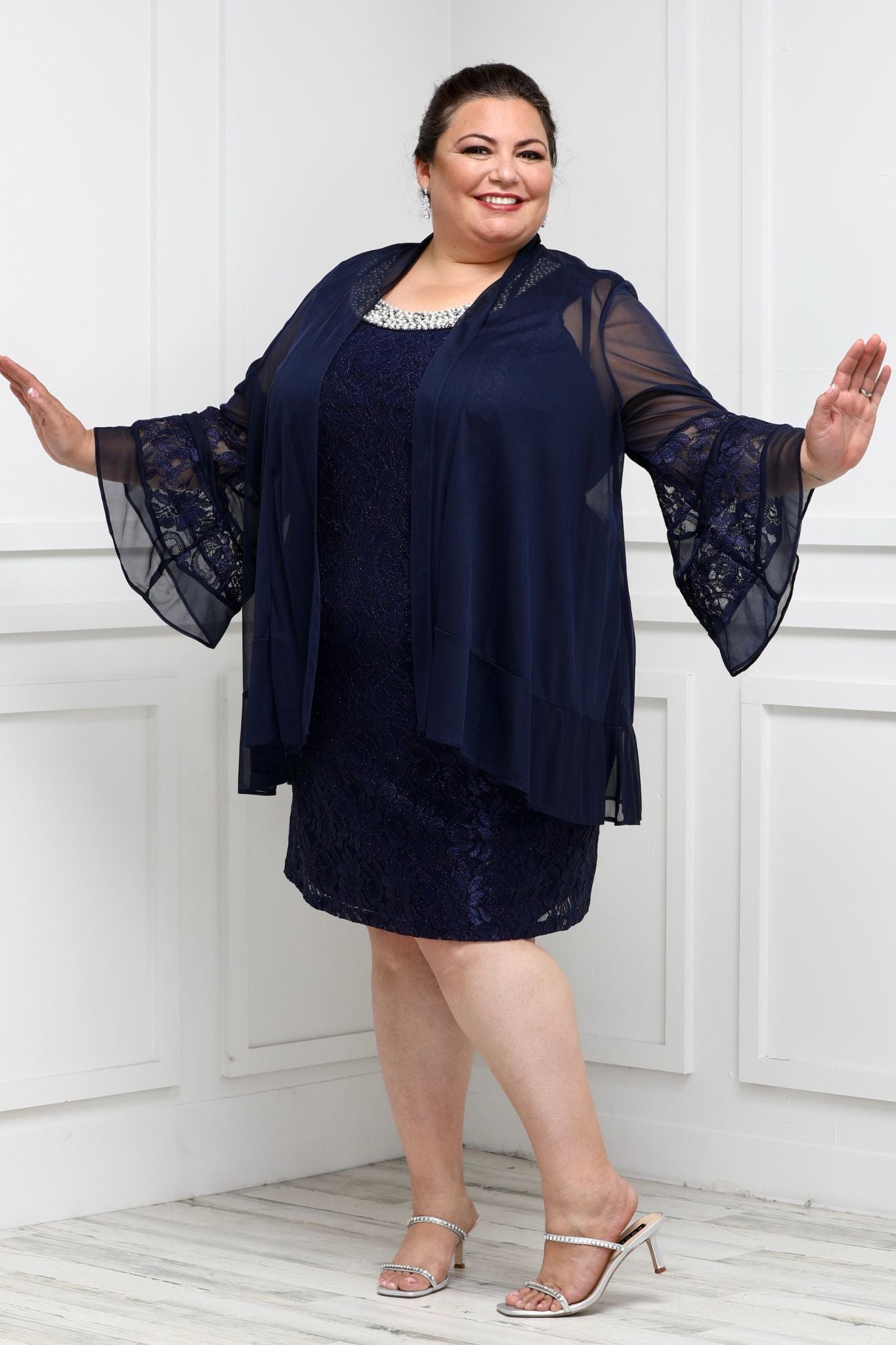 R&M Richards Women's Plus Size 2 Piece Bell Sleeve Chiffon Jacket Dress -  Mother of The Bride Dress