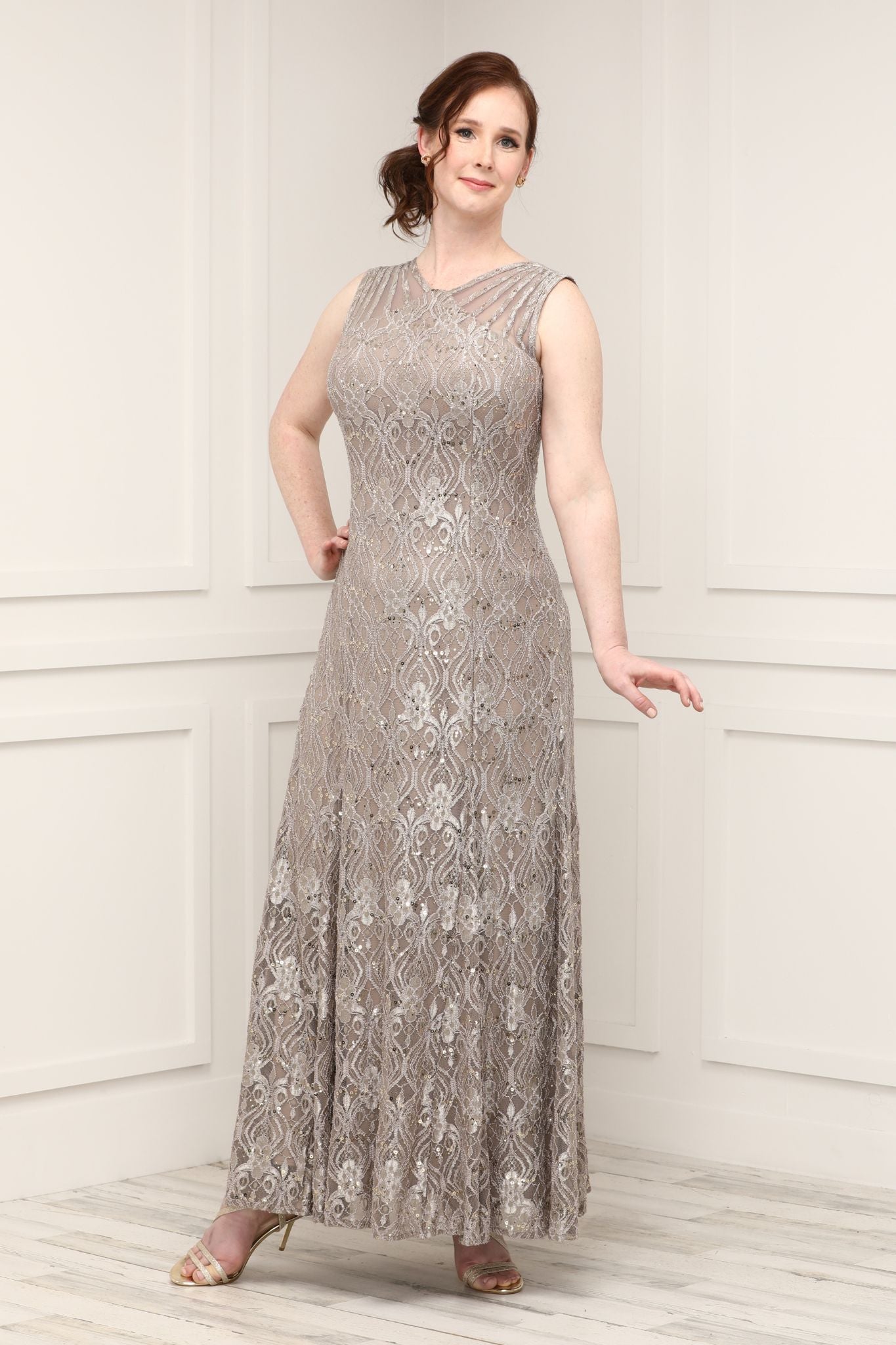 R&M Richards Petite Sequined Lace Gown with Sheer Inserts
