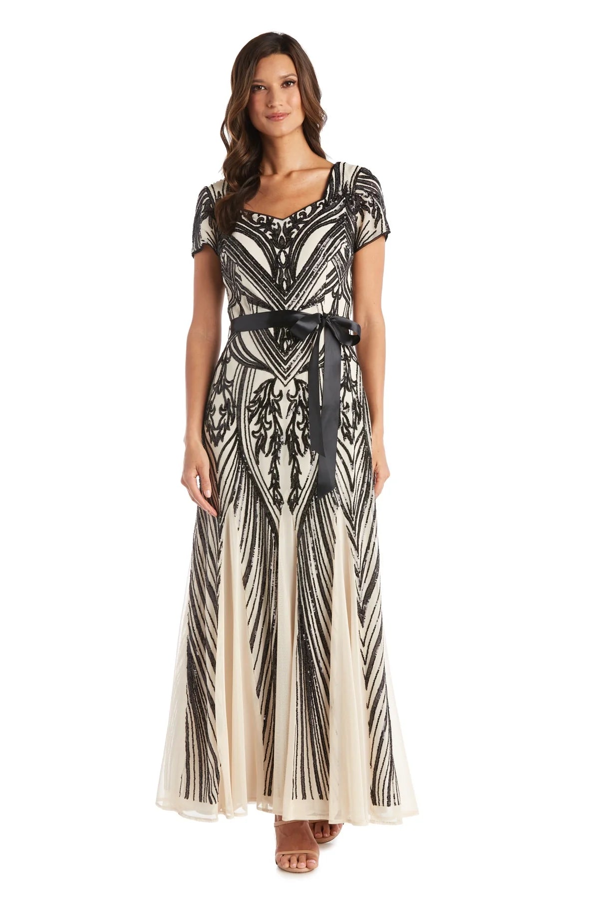 Women's Short Sleeve Sequin Panel Godet  Evening Gown