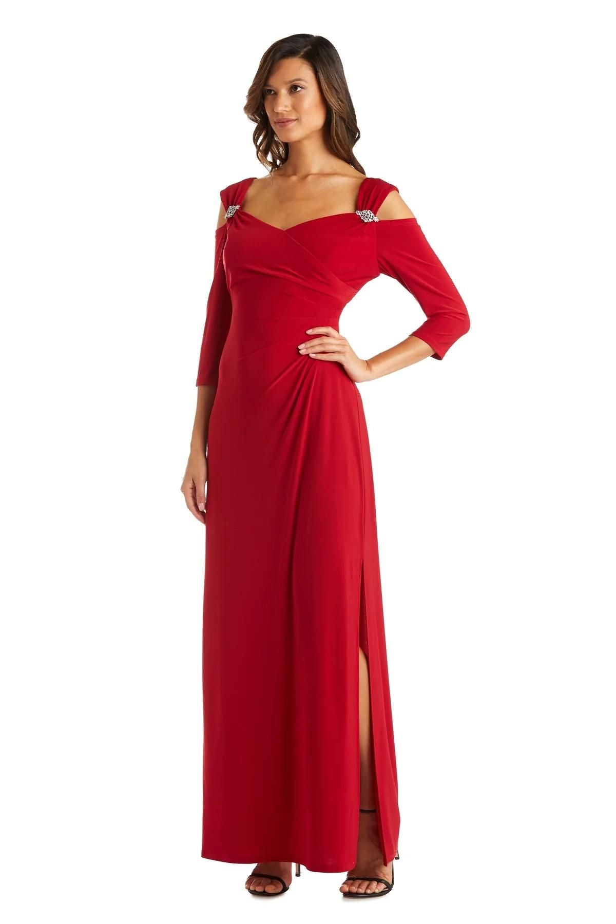 R&M Richards Women's Empire Waist Cold Shoulder Dress with Sleeves- Evening  Gown