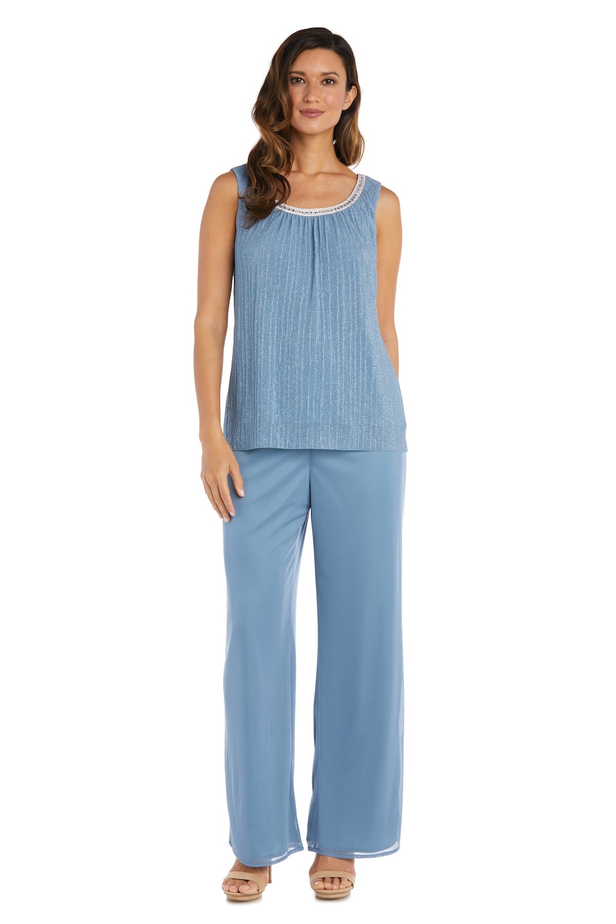 Crinkle Chiffon Three-Piece Pant Set with Beaded Neckline