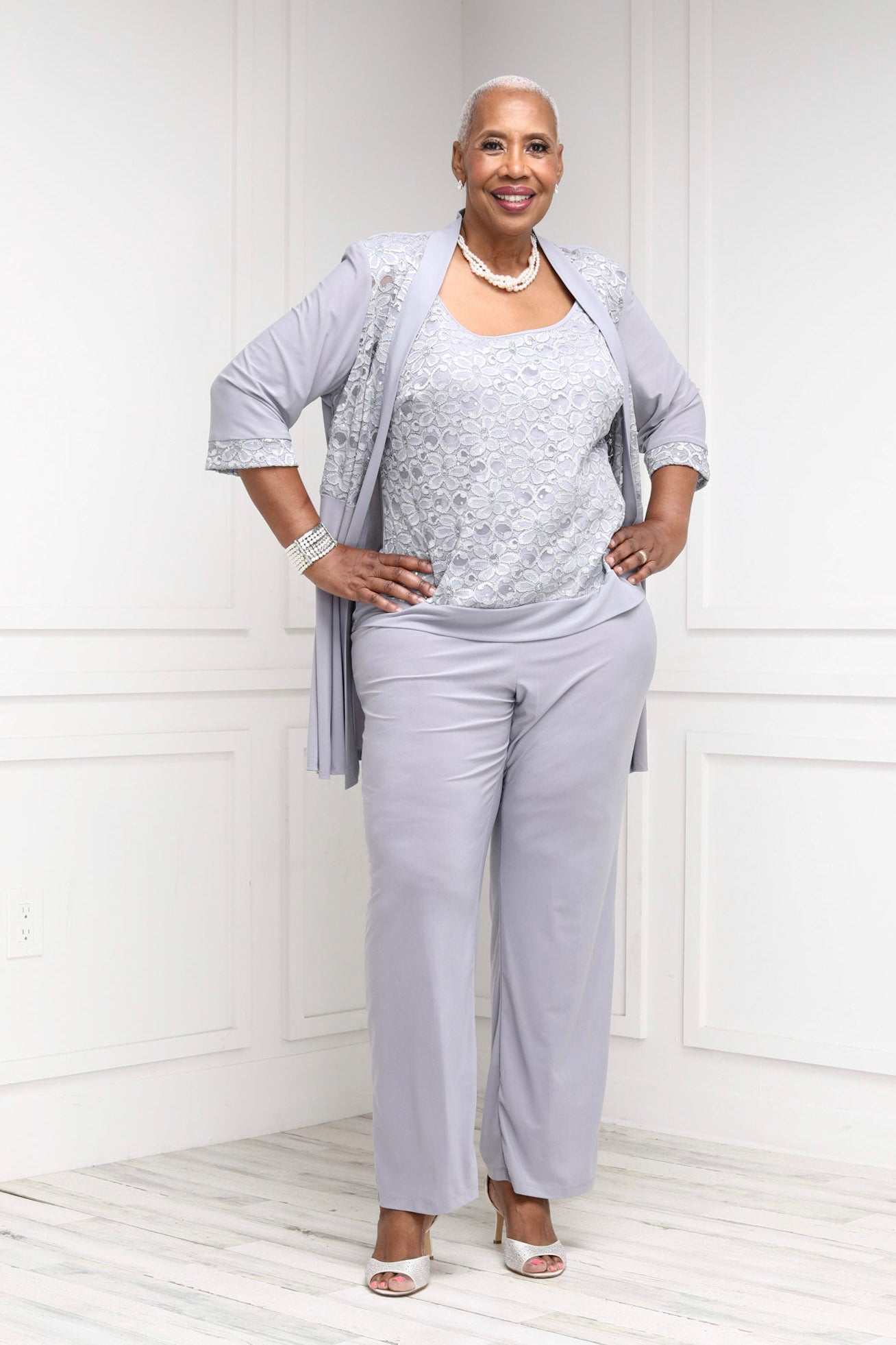 R&M Richards Plus Size Women's Lace ITY 2 Piece Pant Suit - Bride