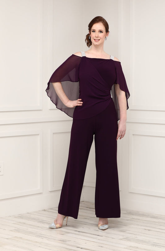 R&M Richards Highneck Embellished Overlay Evening Jumpsuit