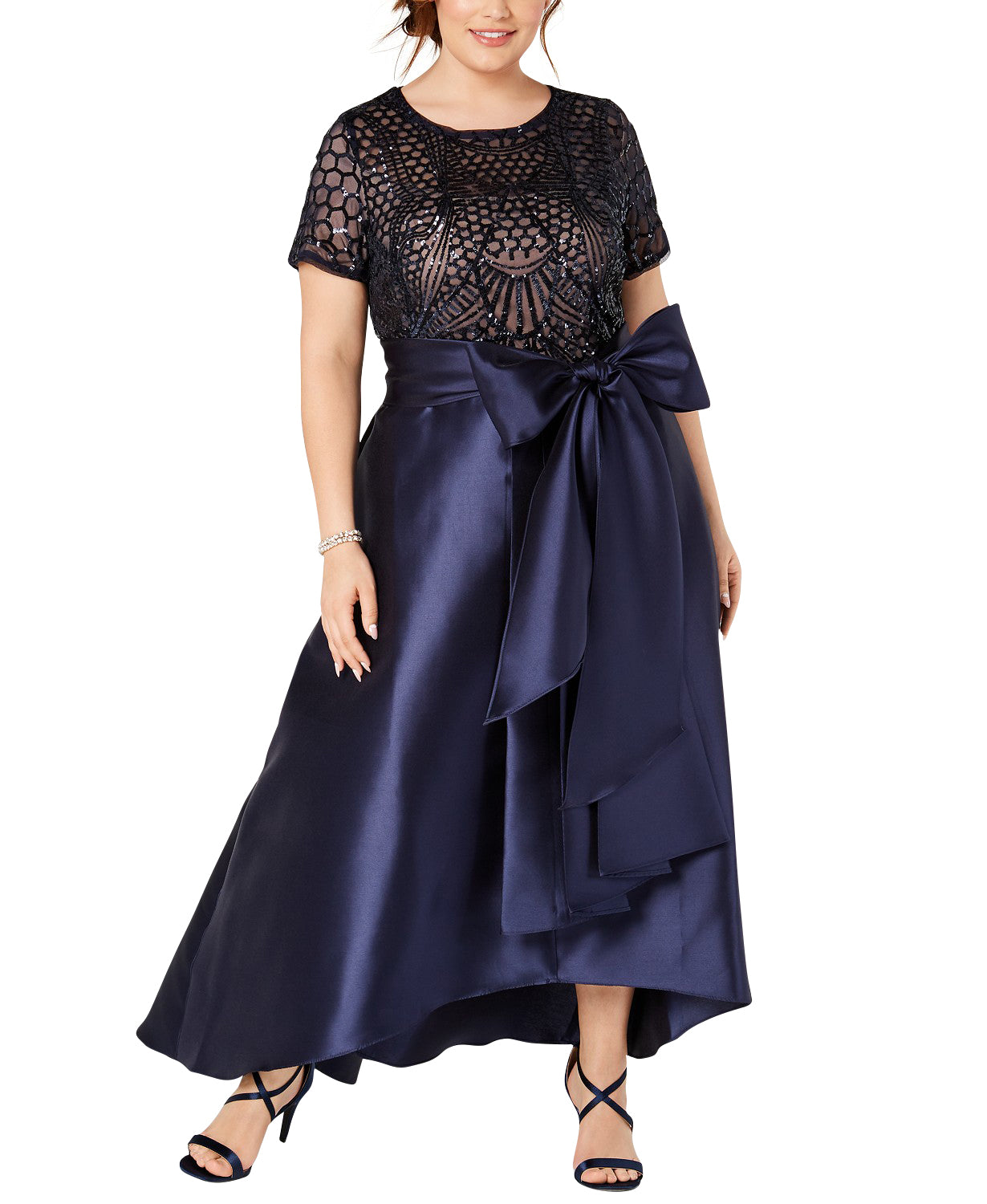 Women's Plus Size Short Sleeve Sequin-Embellished High-Low Gown- Mother of The Groom Dress