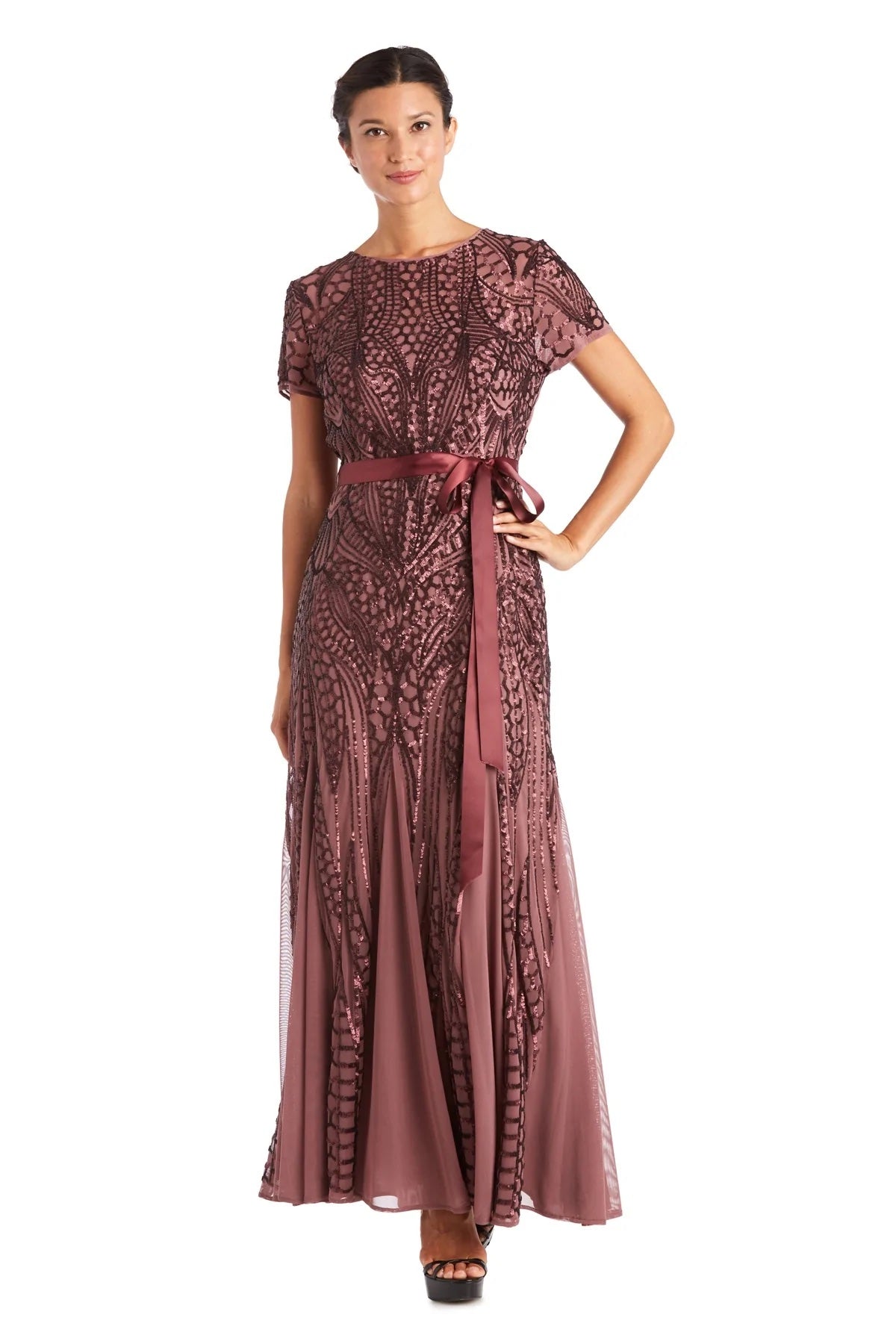 Shop R&M Richards Petite Sequined Lace Gown with Sheer Inserts – SleekTrends