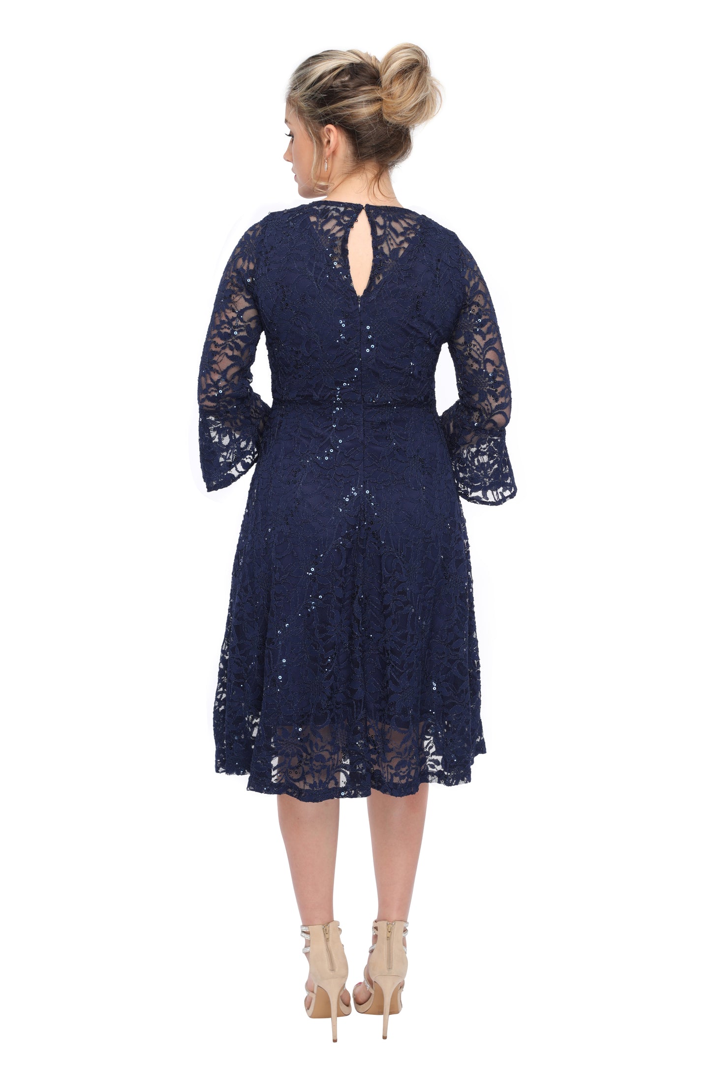 Sherry Lace Sequin Fit and Flare Dress in Navy